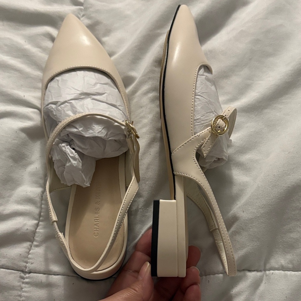 Charles & Keith Cream Pointed Slingback Flats with Gold Buckle - Picture 3 of 5